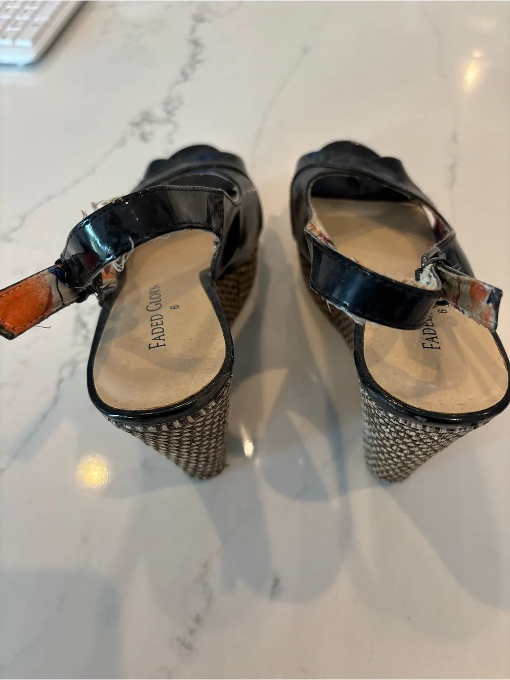 Faded Glory Black Patent Wedge Slingback Sandals SW